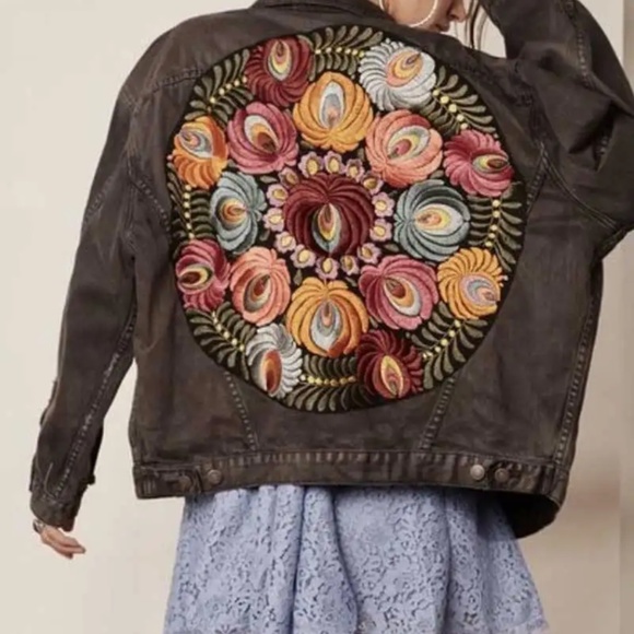 Boho Floral embroidered Distressed denim jean jacket - Picture 14 of 16